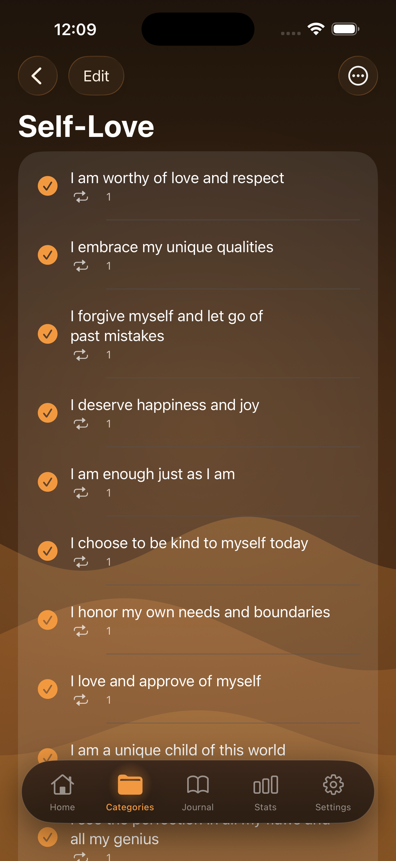 Self-Love affirmations list in Manifest app
