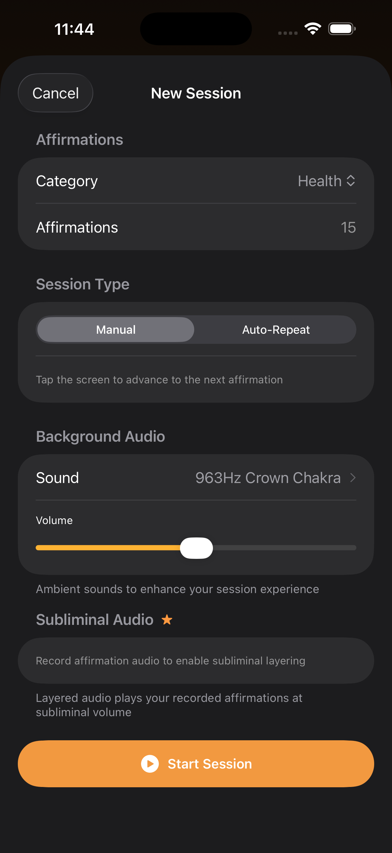 Create new affirmation sessions